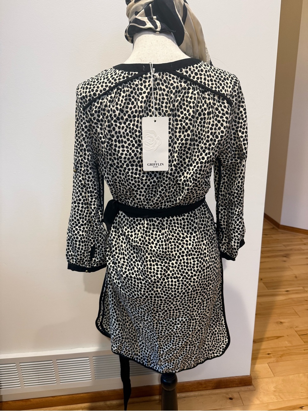 Griffin Paris NWT Cream Dot Wrap Dress with Tie Belt - Picture 7 of 13
